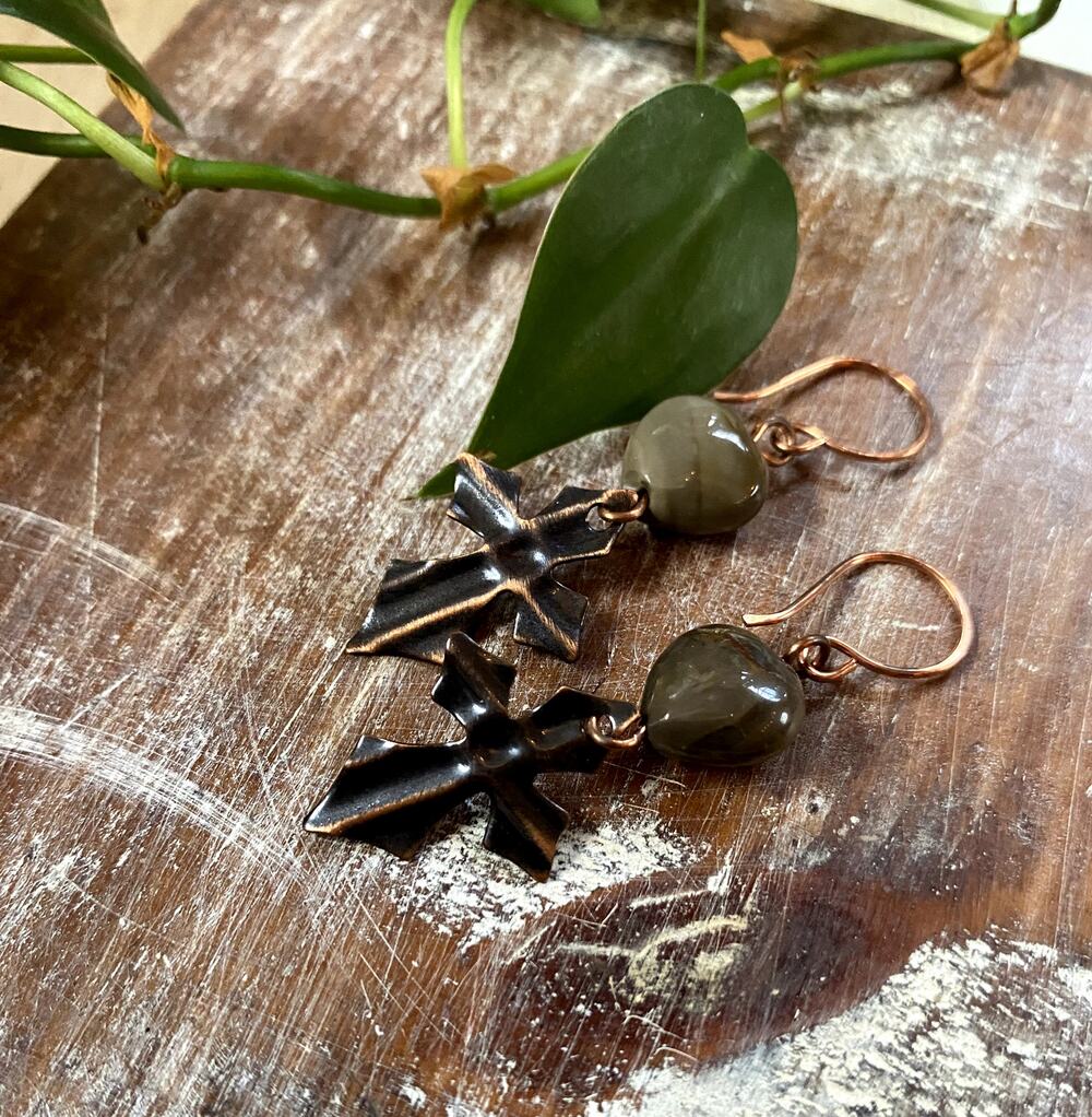 Jasper Heart Copper Cross Dangle Earrings - Boho